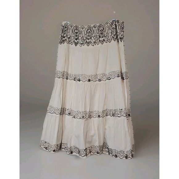 Rafaella Dresses & Skirts - Rafaella Maxi Skirt Side Zip Mirro Accents Size 10 Cotton Embroidered Boho Ivory